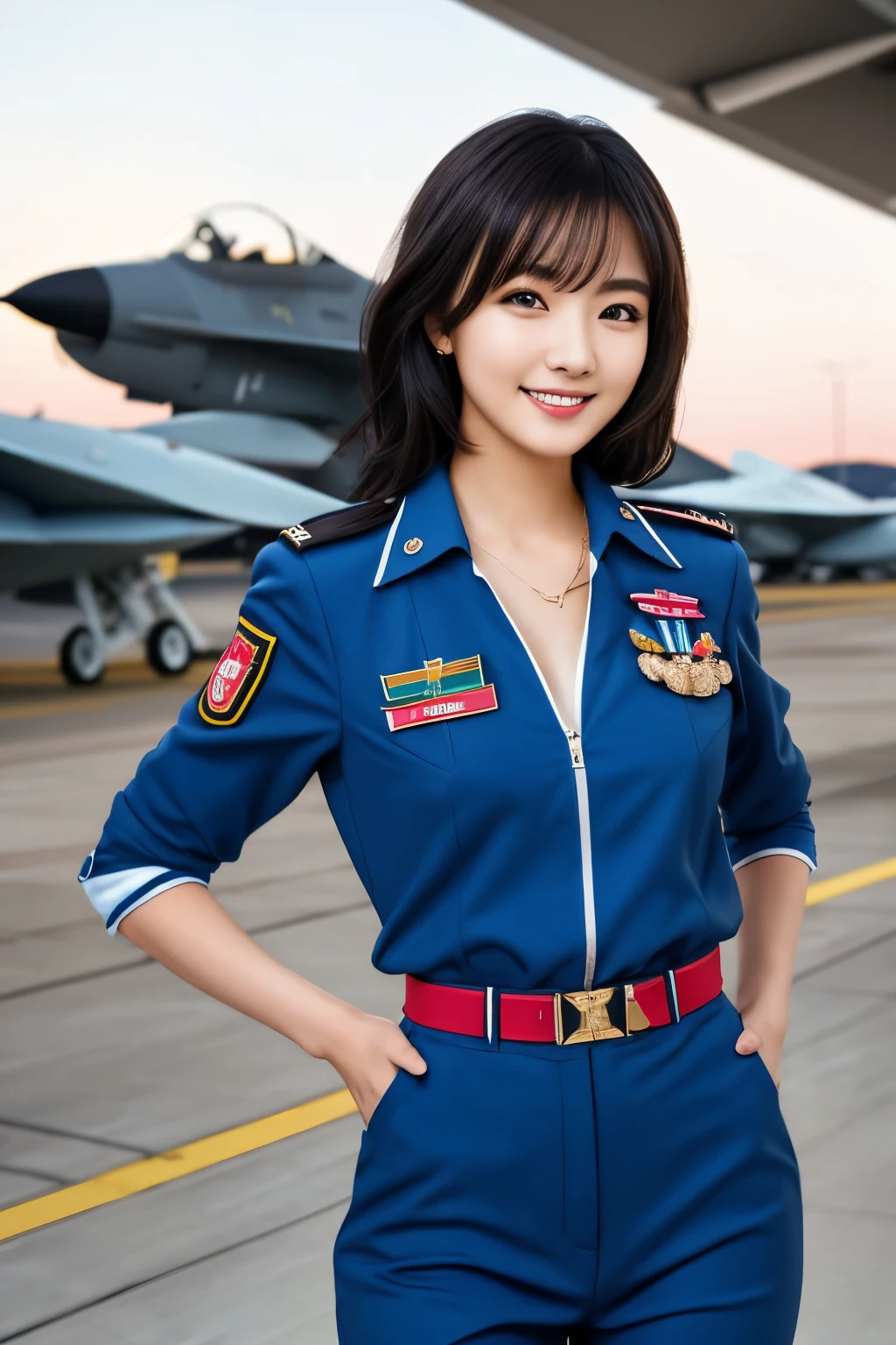 Female pilots in fighter jets、Beauty、Age 25、Wearing an Air Force uniform、Walking on the runway at the airport、, black hair, straight hair, parted lips, nervous smile, Surrealism, cinematic lighting, tachi-e, first-person view, Nikon, UHD, masterpiece, anatomically correct, textured skin, high quality, award winning, best quality, highres, 8k