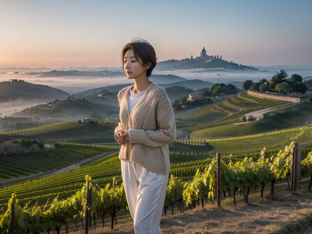 8k best picture quality, Beautiful 3 Korean woman, short and nice weather. Chest size 34 inches, Dense fog at dawn in the Italian countryside, past the vineyard, The cathedral is visible in the fog in the distance., The back background is realistic and vivid image quality, Short and medium hair blowing in the wind, Wearing high-end luxury knitwear. casual pants, a faint smile. the background is clear, Short and slim Korean woman, stand far away, Photo taken with a wide-angle lens, thick fog at dawn