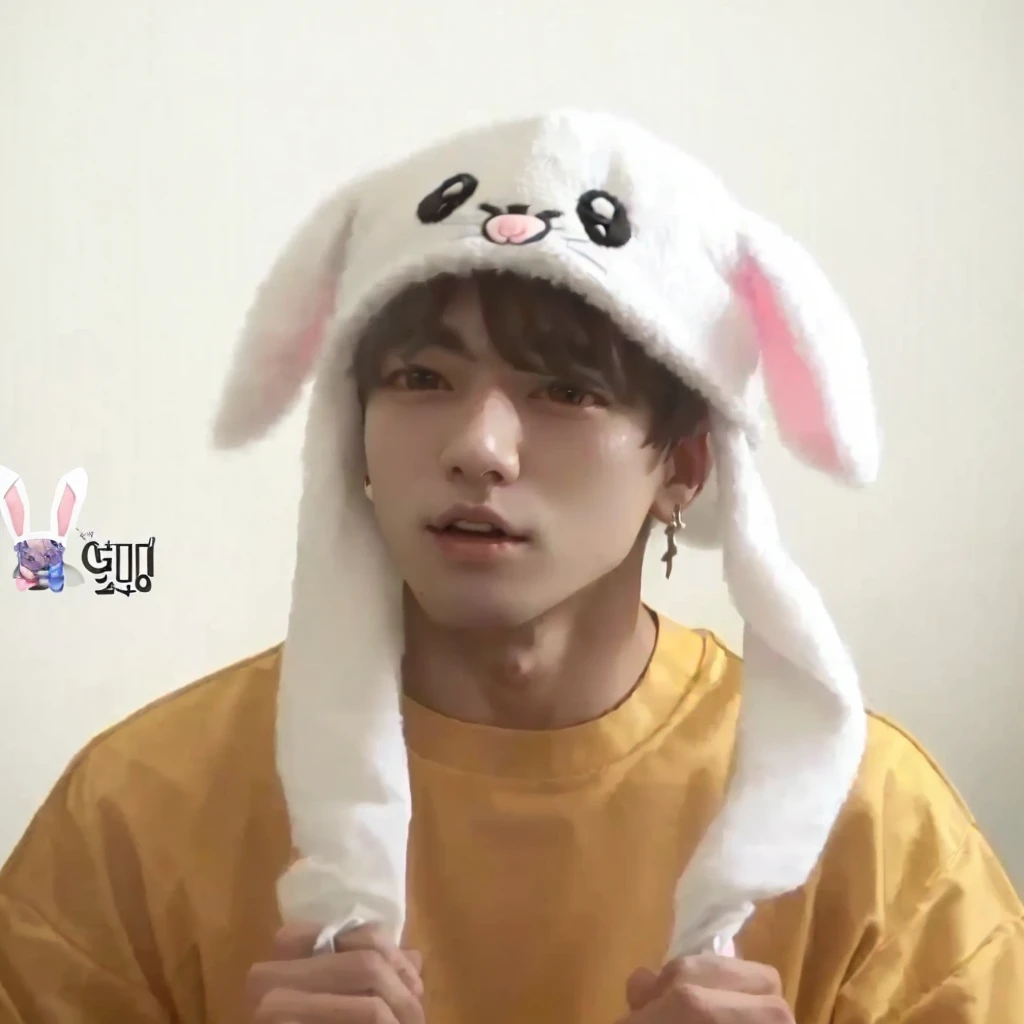 Wired man wearing a bunny hat with ears and eyes, Jungkook, with long ...