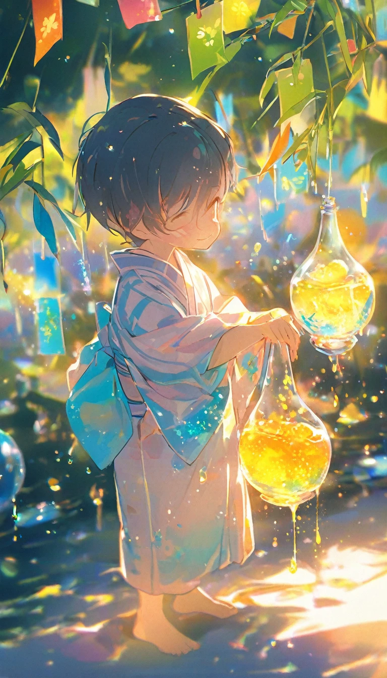 Little Boy、Looking at a large flower、Tanabata、strip、Bamboo Leaves、stripに願いをこめて、yukata,fluid,Particles of light, dream-like,Sparkling,dream-like glow,Paint dripping,Oil,strong stroke,Splash Paint Drop, Boy's(Tanabataライトトレース:1.25),After change (Radioluminescence Light Tracking) スタイルTanabataのSummer festival,Temple Fair,Summer festival,Iridescent、16K, Ultra-high resolution, to be born,wonderful ,future、Iridescent、The world 30 years from now。