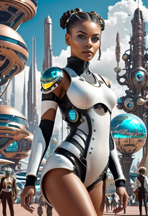 A futuristic steampunk girl on a planetary colony, in the background you can see aliens of various races and a futuristic city w...