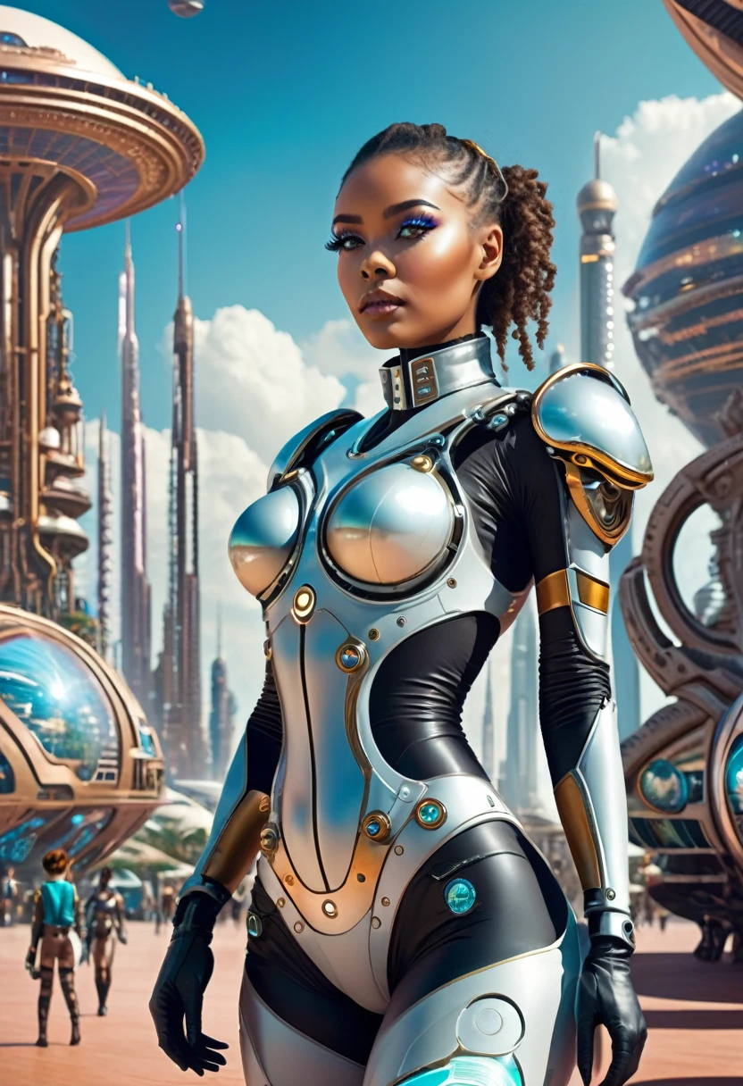 Una chica steampunk futurista en una colonia planetaria., al fondo se pueden ver extraterrestres de varias razas y una ciudad futurista con hologramas publicitarios, también puedes vislumbrar algunos cyborgs