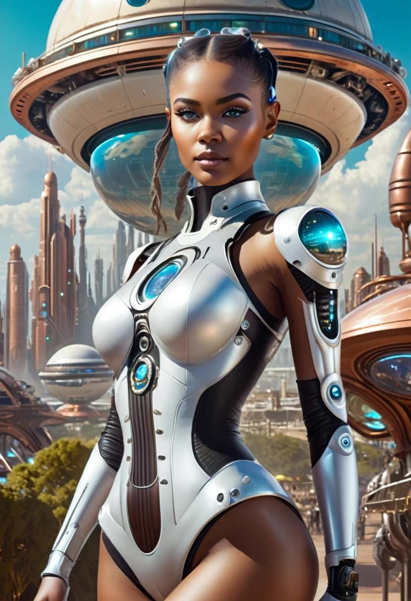 فتاة Steampunk مستقبلية في مستعمرة كوكبية, في الخلفية يمكنك رؤية كائنات فضائية من أعراق مختلفة ومدينة مستقبلية بها صور ثلاثية الأبعاد إعلانية, يمكنك أيضًا إلقاء نظرة على بعض السايبورغ