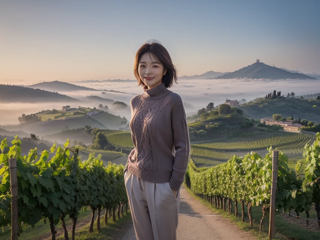 Meilleure qualité d&#39;image 8k, Belle femme coréenne de 36 ans, temps court et beau. Tour de poitrine 34 pouces, Brouillard dense à l&#39;aube dans la campagne italienne, devant le vignoble, La cathédrale est visible dans le brouillard au loin., L&#39;arrière-plan est une qualité d&#39;image réaliste et vive, Cheveux courts et moyens au vent, Porter des tricots de luxe haut de gamme. pantalons décontractés, sourire. le fond est clair, Femme coréenne courte et mince, Tenez-vous loin, Photo prise avec un objectif grand angle, épais brouillard à l&#39;aube