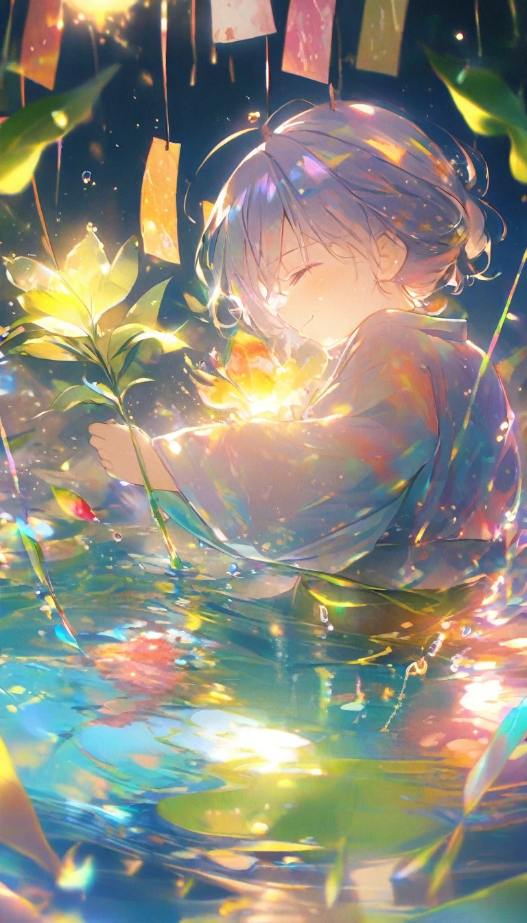 Little Boy、Looking at a large flower、Tanabata、strip、Bamboo Leaves、stripに願いをこめて、yukata,fluid,Particles of light, dream-like,Sparkling,dream-like glow,Paint dripping,Oil,strong stroke,Splash Paint Drop, Boy's(Tanabataライトトレース:1.25),After change (Radioluminescence Light Tracking) スタイルTanabataのSummer festival,Temple Fair,Summer festival,Iridescent、16K, Ultra-high resolution, to be born,wonderful ,future、Iridescent、The world 30 years from now。