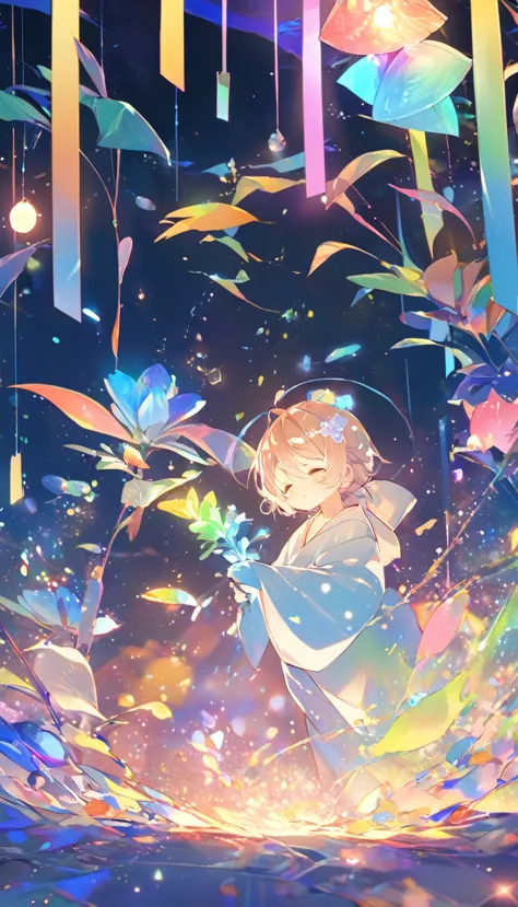 Little Boy、Looking at a large flower、Tanabata、strip、Bamboo Leaves、stripに願いをこめて、yukata,fluid,Particles of light, dream-like,Spark...