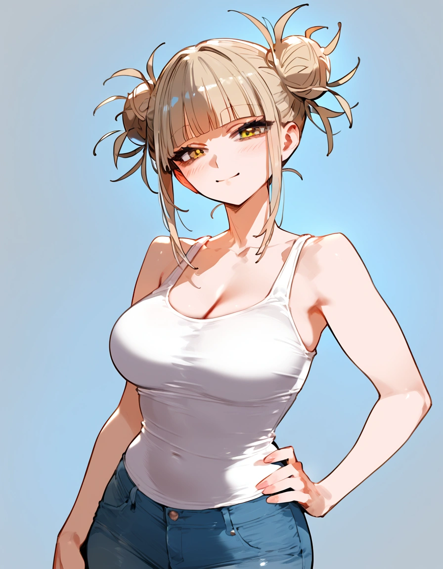 anime artwork, score_9, score_8_up, score_7_up, score_6_up, score_5_up, score_4_up, floox style //////Himiko toga, big breasts, she is 24 years old, style_3, ,,,,, grey background, straight-on,solo,tank top, jeans
