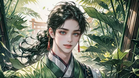 xianxia, (((best quality))),masterpiece,ultra high resolution,extraordinarily beautiful youth, a bright, villains smile,All gree...