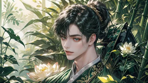 xianxia, (((best quality))),masterpiece,ultra high resolution,extraordinarily beautiful youth, a bright, villains smile,All gree...