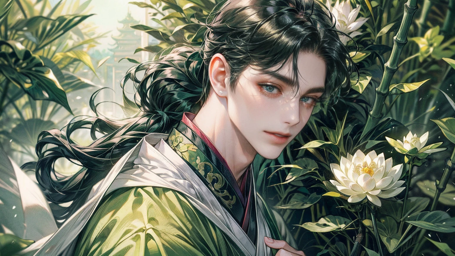 xianxia, (((best quality))),masterpiece,ultra high resolution,extraordinarily beautiful youth, a bright, villains smile,All green clothing,((boy 2, green hanfu,green clothing, Chinese shirt style)) ,boy character ,((Thick black long hair)),beautiful face,detailed interior, detailed boy,((man)),(in bamboo forest), house China style, pure white lotus,beautiful and cute boy ,black eyes,((solo man)),(he has a Big eyes, charming lips, slim nose and small face),(slim figures ),ponytail and 冠, Hiogi fan,Japanese fan ,very long hair, thick hair, black hair ,eyes detailed,pony tails,solo men