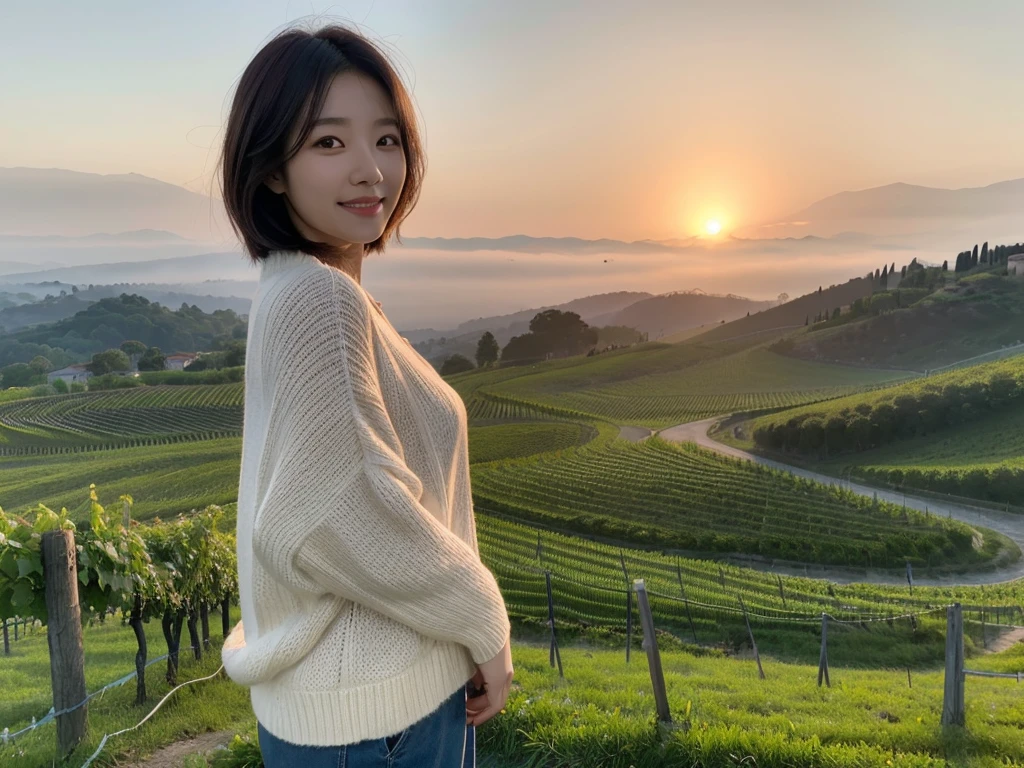 8k best picture quality, Beautiful 3 Korean woman, short and nice weather. Chest size 34 inches, Dense fog at dawn in the Italian countryside, past the vineyard, The cathedral is visible in the fog in the distance., The back background is realistic and vivid image quality, Short and medium hair blowing in the wind, Wearing high-end luxury knitwear. casual pants, Smile. the background is clear, Short and slim Korean woman, stand far away, Photo taken with a wide-angle lens, The red sun rises