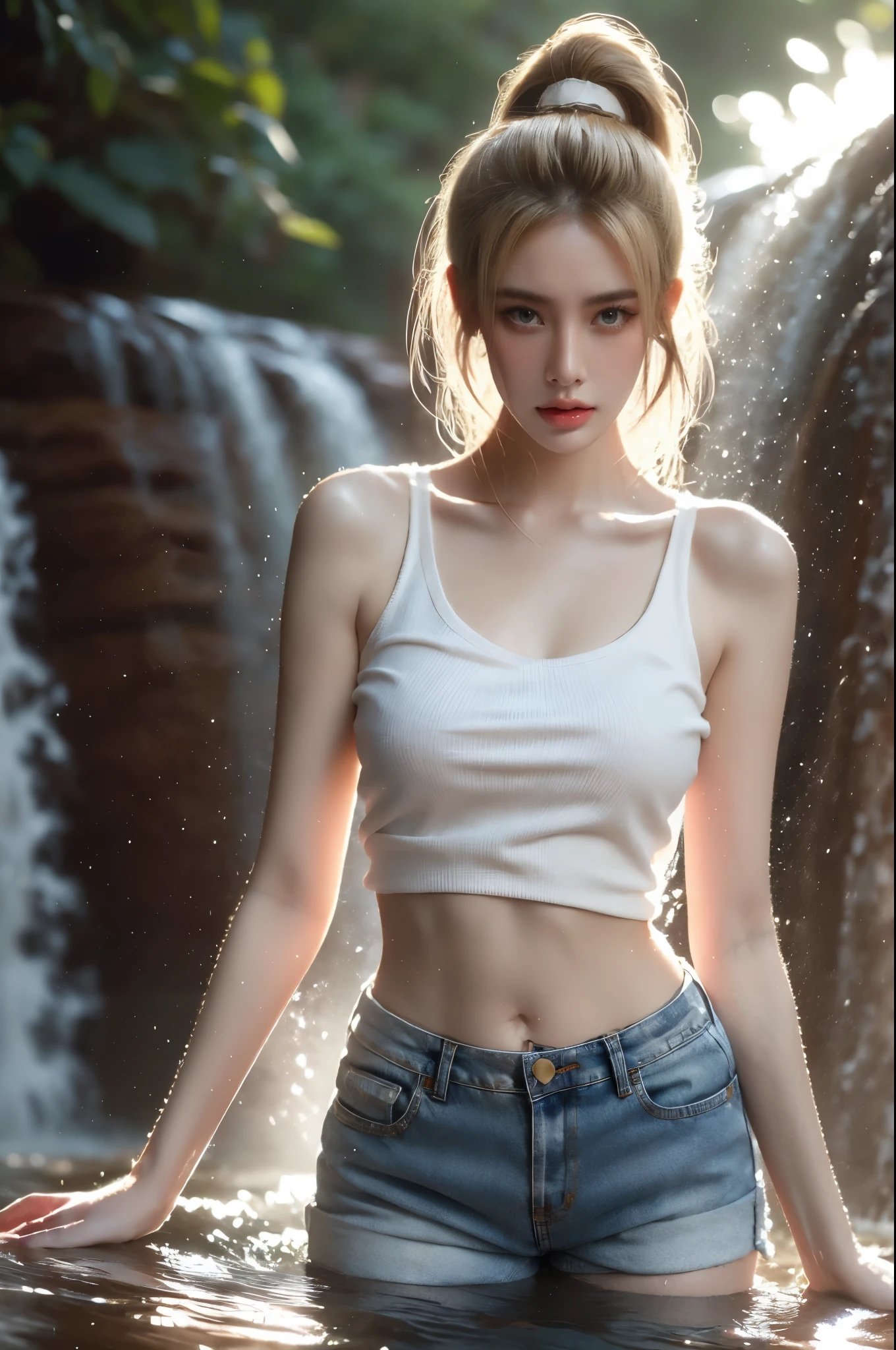 Beautiful woman, blonde hair ponytail style, wear white tank top, denim shorts with torn ends, standing/lying pose in waterfall, soft lights