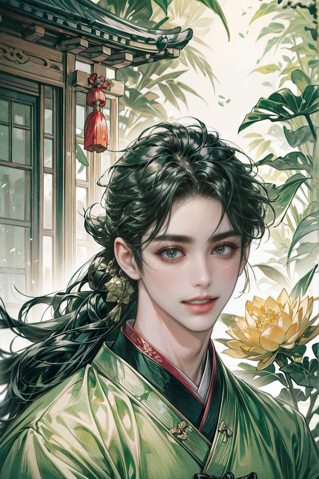 xianxia, (((best quality))),masterpiece,ultra high resolution,extraordinarily beautiful youth, a bright, villains smile,All green clothing,((boy 24 year old, green hanfu,green clothing, Chinese shirt style)) ,boy character ,((Thick black long hair)),beautiful face,detailed interior, detailed boy,((man)),(in bamboo forest), house China style, pure white lotus,beautiful and cute boy ,black eyes,((solo man)),(he has a Big eyes, charming lips, slim nose and small face),(slim figures ),ponytail and 冠, Hiogi fan,Japanese fan ,very long hair, thick hair, black hair ,eyes detailed,pony tails,solo man