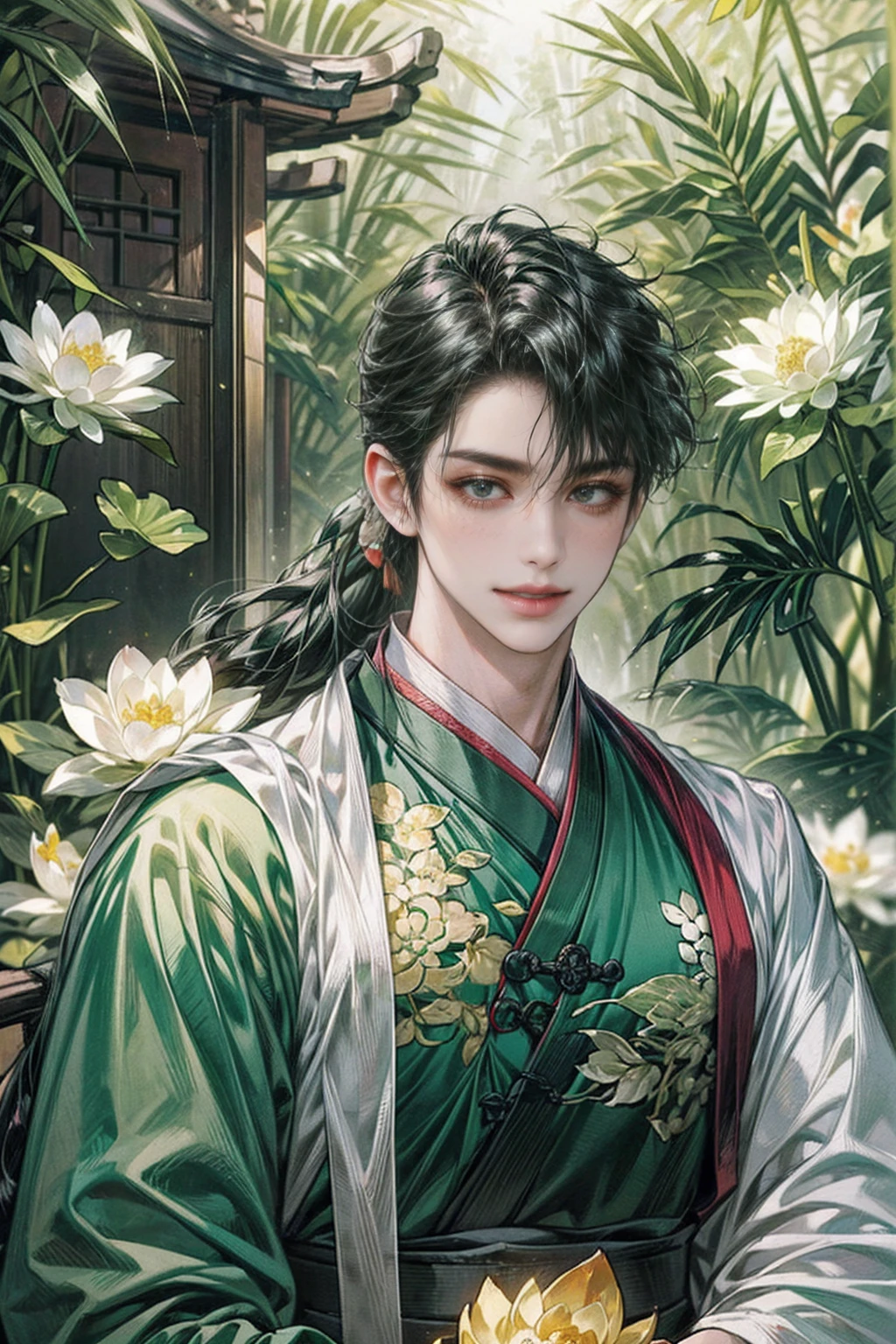 xianxia, (((best quality))),masterpiece,ultra high resolution,extraordinarily beautiful youth, a bright, villains smile,All green clothing,((boy 24 year old, green hanfu,green clothing, Chinese shirt style)) ,boy character ,((Thick black long hair)),beautiful face,detailed interior, detailed boy,((man)),(in bamboo forest), house China style, pure white lotus,beautiful and cute boy ,black eyes,((solo man)),(he has a Big eyes, charming lips, slim nose and small face),(slim figures ),ponytail and 冠, Hiogi fan,Japanese fan ,very long hair, thick hair, black hair ,eyes detailed,pony tails,solo man