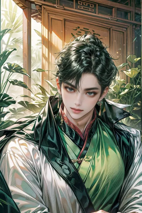 xianxia, (((best quality))),masterpiece,ultra high resolution,extraordinarily beautiful youth, a bright, villains smile,All gree...