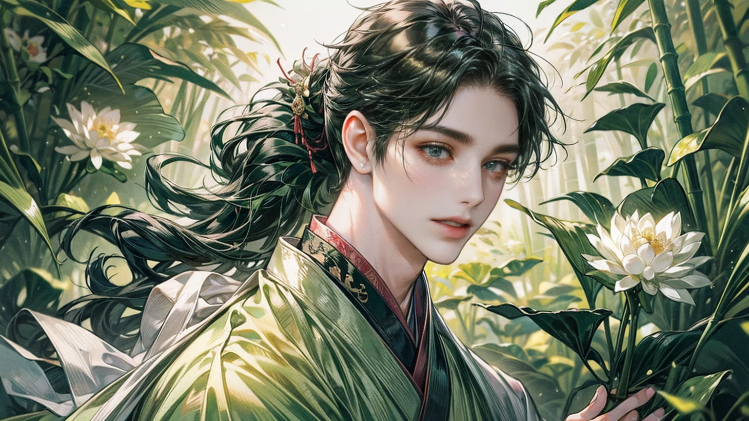 xianxia, (((best quality))),masterpiece,ultra high resolution,extraordinarily beautiful youth, a bright, villains smile,All green clothing,((boy 2, green hanfu,green clothing, Chinese shirt style)) ,boy character ,((Thick black long hair)),beautiful face,detailed interior, detailed boy,((man)),(in bamboo forest), house China style, pure white lotus,beautiful and cute boy ,black eyes,((solo man)),(he has a Big eyes, charming lips, slim nose and small face),(slim figures ),ponytail and 冠, Hiogi fan,Japanese fan ,very long hair, thick hair, black hair ,eyes detailed,pony tails,solo man