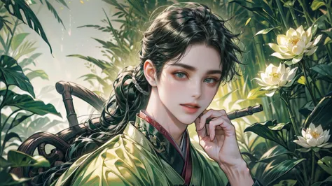 xianxia, (((best quality))),masterpiece,ultra high resolution,extraordinarily beautiful youth, a bright, villains smile,All gree...