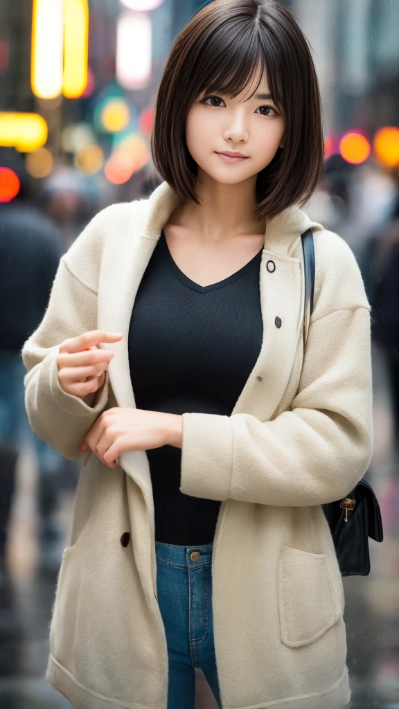 In the pouring rain、Smiling girl standing in the middle of a crowded street, ((beautiful girl, Baby Face:1.3, Idol Face)), Beautiful eyes and lips, Highly detailed pupils, Realistic Skin, ((Wet Hair, Wet clothes)), Thin clothing that sticks to the skin, raindrop, City Buildings, Atmospheric lighting, cinematic, Very detailed, Realistic, Vibrant colors, Shibuya Crossing, Full body description, heavy rain, (Detailed eyes and face:1.3, Professional photography techniques), (Perfect Anatomy), (Highest quality, 8k, masterpiece:1.2, RAW Photos)