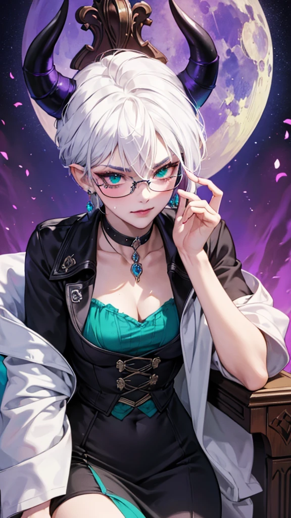 8k, masterpiece, best quality, highly detailed, 1 girl, tiefling, warlock, multicolored hair, very short straight hair green highlight hair on white hair, strippled hair, wearing glasses, round glasses, earrings, red eyeshadow, long eyelashes,navel piercing, blushed cheek, necklace, collarbone, mole, glamorous, purple and teal clothing, villainy, smirk, seductive face, close up view, rings, looking at viewer, demon horns, solo, victorian dress, palace, blue pale moon, sitting on throne