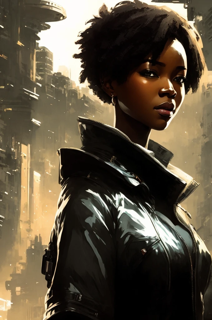 full body portrait of a beautiful young Congolese lady, short hair, (sci-fi:1.2), masterpiece, intense shadows, ambient light, illustration, (thick outlines:1.2), cartoon, highres, drawn by Inoue Takehiko, (Yoji Shinkawa:0.9), Jakub Rozalski, (kuvshinov:1)