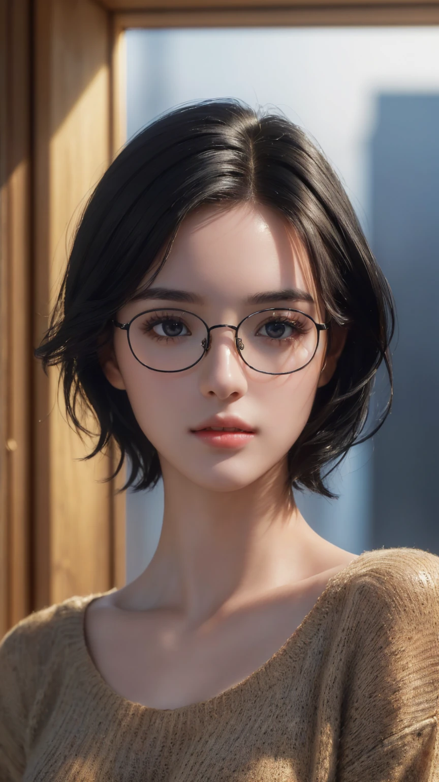 (Masterpiece:1.3), (8K, Photorealistic, RAW photo, Best quality: 1.4), (1girll), Beautiful face, (Realistic face), (Black hair, Short hair:1.3), Glasses, Beautiful hairstyle, Realistic eyes, Beautiful detailed eyes, (Realistic skin), Beautiful skin, (Sweater), absurderes, Attractive, Ultra-high resolution, Ultra photo realsisim, Highly detailed, Golden ratio