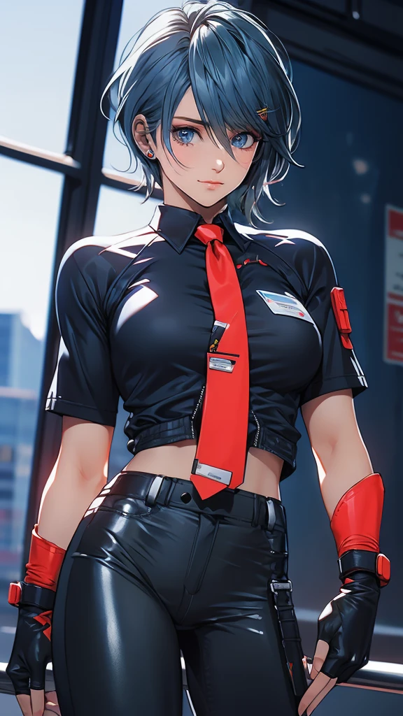 1 Female, Tamaki, short hair, hair between eyes, (detailed eyes:1.3), Business shirts, tie, tight suit trousers, Leather Holster, fingerless gloves