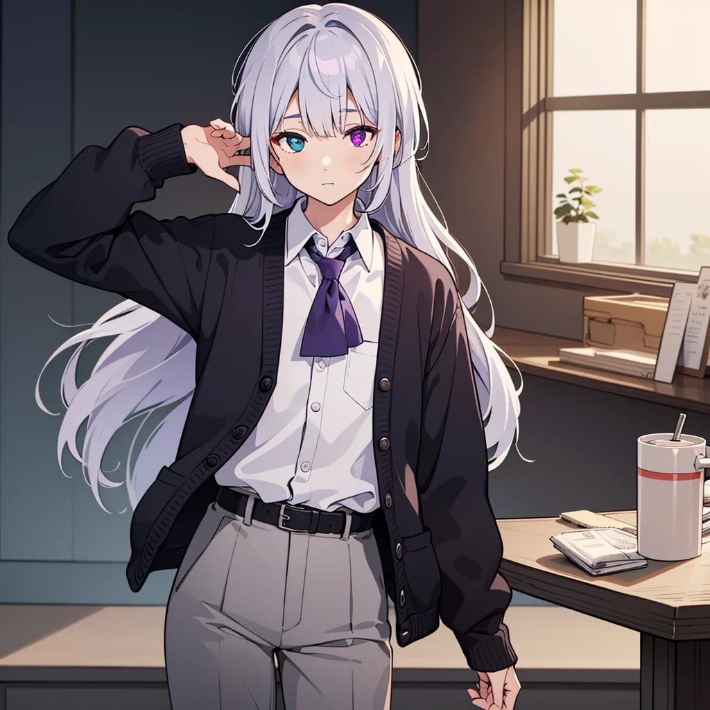 Single man with heterochromia (Indigo and purple eyes), Silvery straight hair, Wearing a white shirt and a black cardigan, slacks, Apathy, (Highest quality, 4K, 8K, High resolution, masterpiece:1.2), relax, Handsome