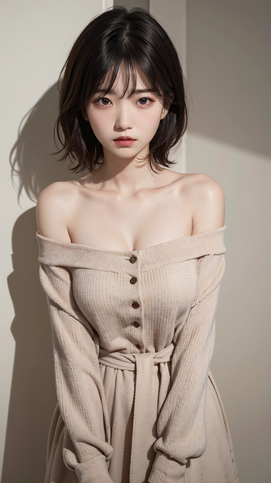 Highest quality, masterpiece, Ultra-high resolution, (Realistic:1.5), RAW Photos, One girl, Off the shoulder, In the Dark, Deep Shadow, Modest, Cold Light, Sexy Looks, short hair, Front teeth, Troubled face,