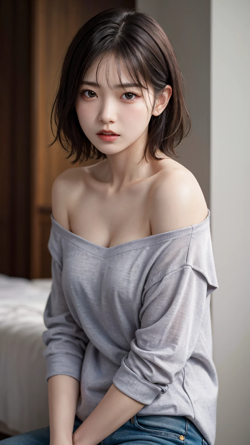 Highest quality, masterpiece, Ultra-high resolution, (Realistic:1.5), RAW Photos, One girl, Off the shoulder, In the Dark, Deep Shadow, Modest, Cold Light, Sexy Looks, short hair, Front teeth, Troubled face,