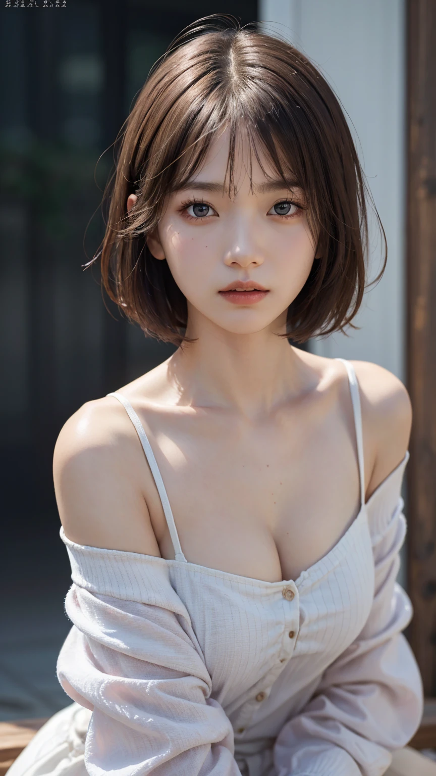 Highest quality, masterpiece, Ultra-high resolution, (Realistic:1.5), RAW Photos, One girl, Off the shoulder, In the Dark, Deep Shadow, Modest, Cold Light, Sexy Looks, short hair, Front teeth, Troubled face,