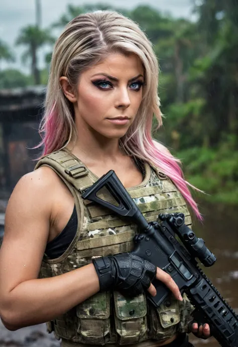 cinematic battlefield in ruin city, a ultra-detailed hyperrealist photography of alexa bliss, (black straight chanel hair), braz...