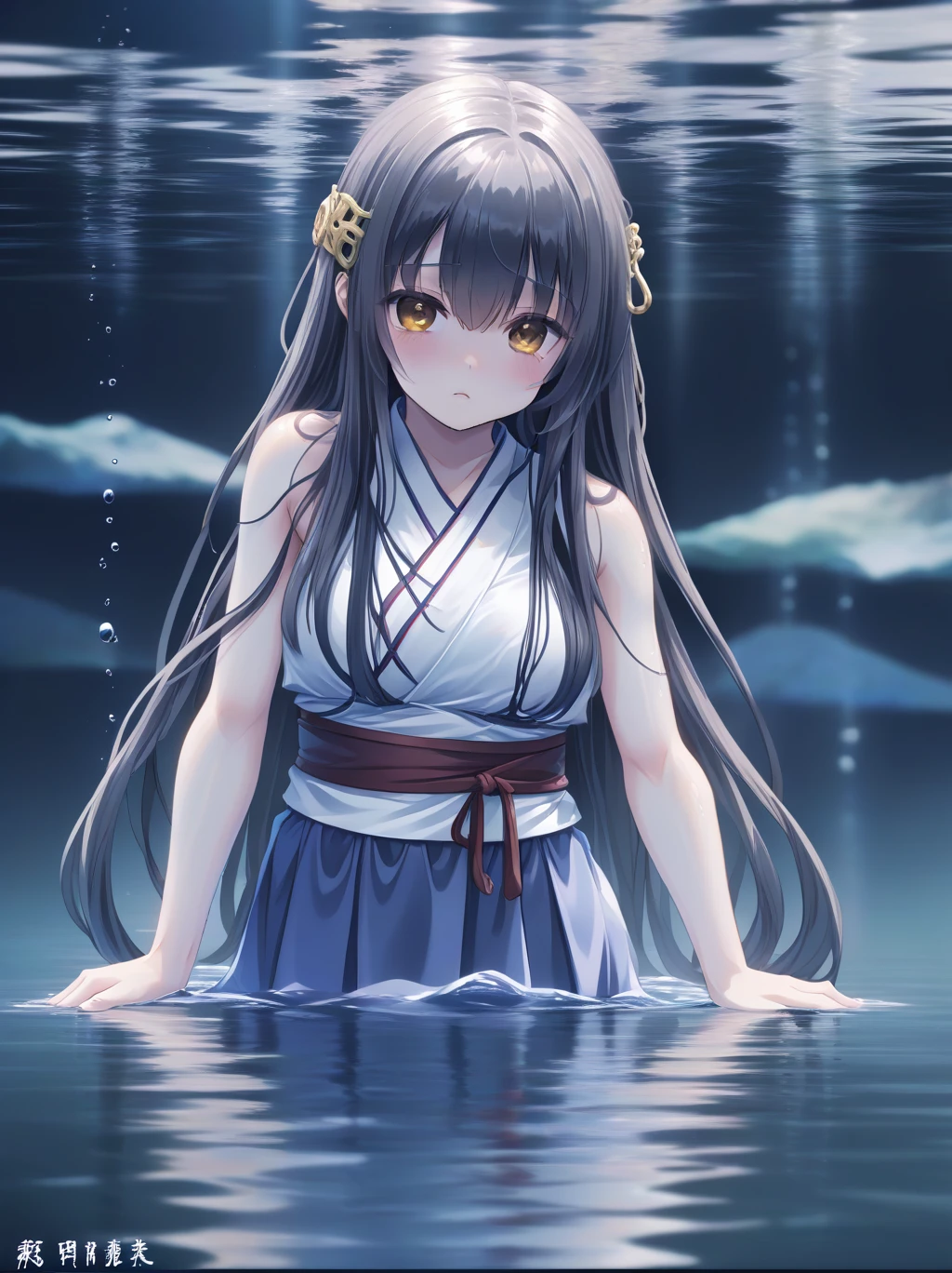  partially underwater, lakeの女神, Long Hair, Wet Hair,
lake,Dark Background, Blurred Edges,8-year-old、Flat Chest、skirt、Above the water line from the neck、Corpses in the water, Underwater Photography、浮力でskirtがめくれる、God