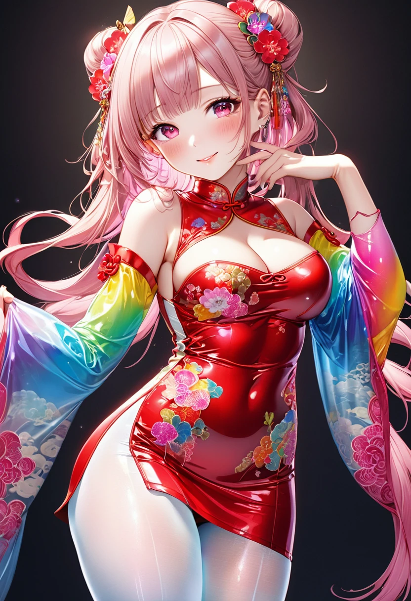 Young beautiful woman,(Highest quality,Extremely detailed depiction,Incredibly absurd high resolution,Anatomically accurate depiction,Two lovely hands, Five perfect fingers,Curvy Legs),(Glowing Skin,Shiny skin),((Cheongsam made of strong shiny latex fabric)),Rainbow gradient sleeves,Intricate and gorgeous embroidery,White pantyhose,accessories,See-through,eyelash,eye shadow,Glowing pink eyes,There is cleavage in the chest,Glossy Lips,Shadowed face,Put your hand on your chin,A seductive smile,whole body,Light blush,background:Chinese-style mansion,From above:1.1,Standing posture