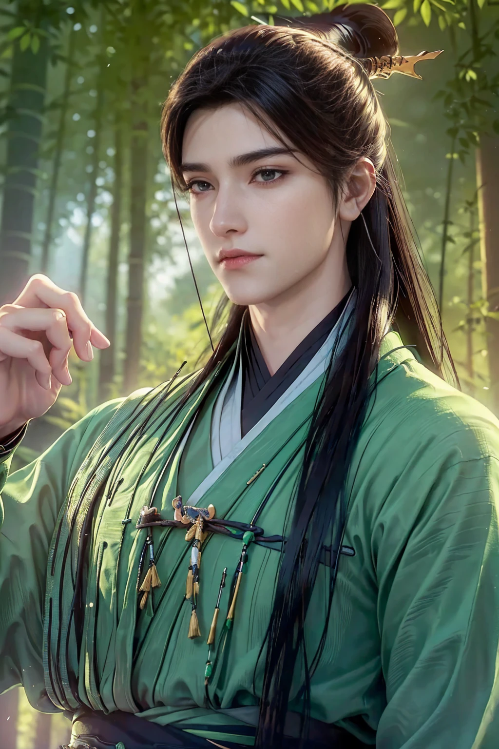 xianxia, (((best quality))),masterpiece,ultra high resolution,extraordinarily beautiful youth, a bright, villains smile,All green clothing,((boy 24 year old, green hanfu,green clothing, Chinese shirt style)) ,boy character ,((Thick black long hair)),beautiful face,detailed interior, detailed boy,((man)),(in bamboo forest), house China style, pure white lotus,beautiful and cute boy ,black eyes,((solo man)),(he has a Big eyes, charming lips, slim nose and small face),(boy slim figures ),ponytail and 冠, Hiogi fan,Japanese fan ,very long hair, thick hair, black hair ,eyes detailed,pony tails,boy,man