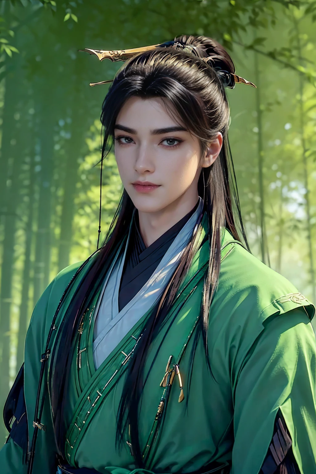 xianxia, (((best quality))),masterpiece,ultra high resolution,extraordinarily beautiful youth, a bright, villains smile,All green clothing,((boy 24 year old, green hanfu,green clothing, Chinese shirt style)) ,boy character ,((Thick black long hair)),beautiful face,detailed interior, detailed boy,((man)),(in bamboo forest), house China style, pure white lotus,beautiful and cute boy ,black eyes,((solo man)),(he has a Big eyes, charming lips, slim nose and small face),(boy slim figures ),ponytail and 冠, Hiogi fan,Japanese fan ,very long hair, thick hair, black hair ,eyes detailed,pony tails,boy,man