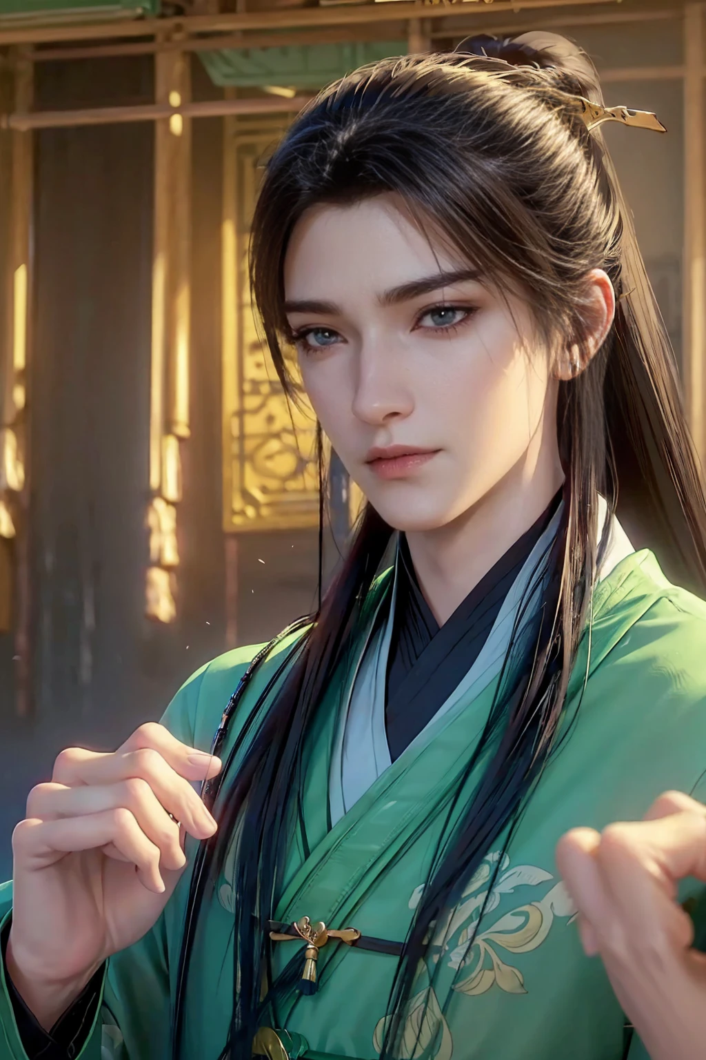 xianxia, (((best quality))),masterpiece,ultra high resolution,extraordinarily beautiful youth, a bright, villains smile,All green clothing,((boy 24 year old, green hanfu,green clothing, Chinese shirt style)) ,boy character ,((Thick black long hair)),beautiful face,detailed interior, detailed boy,((man)),(in bamboo forest), house China style, pure white lotus,beautiful and cute boy ,black eyes,((solo man)),(he has a Big eyes, charming lips, slim nose and small face),(boy slim figures ),ponytail and 冠, Hiogi fan,Japanese fan ,very long hair, thick hair, black hair ,eyes detailed,pony tails,boy,man