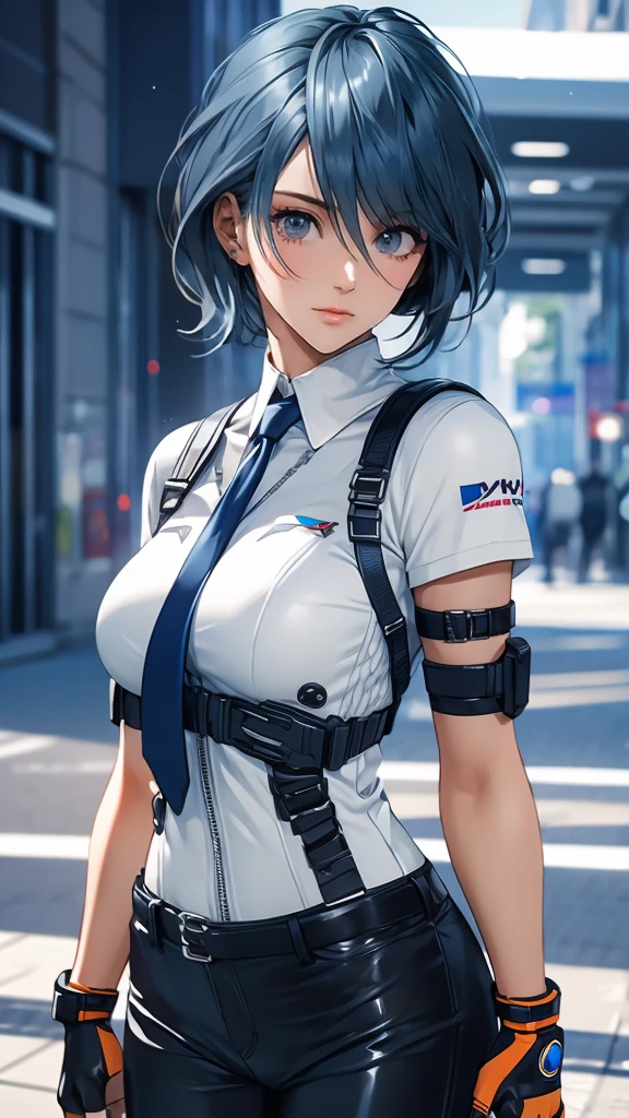 1 Female, Tamaki, short hair, hair between eyes, (detailed eyes:1.3), White business shirt, tie, tight suit trousers, Leather Holster, fingerless gloves