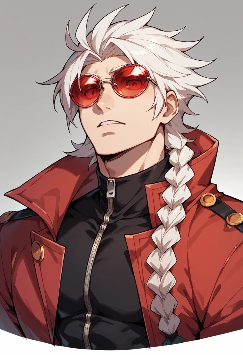 블레이즈블루 ,인간 남성  ,둥근 빨간색 선글라스  , 흰머리,긴 꼰 ,zip 레드 코트  , 검은 셔츠 