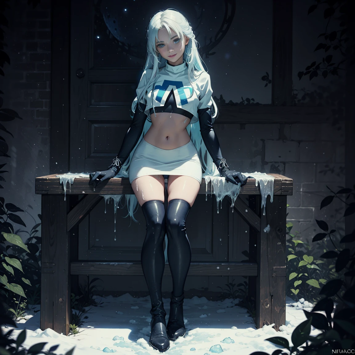 micaiah fe, 1girl, (solo), long straight hair, light blue hair, flat chest, small size, blue eyes, fair skin, glossy lips ,team rocket uniform, red letter R, white skirt, white crop top, black thigh-high boots, black elbow gloves, evil smile, looking down on viewer, sitting down, legs crossed, naked sex, sex view, lots of cum on sex,  full body, (night), moon, frozen lake, forest behind, (very sexy body, detailed face, masterpiece, highly detailed, 8k, best quality, vibrant colors, digital art, concept art)