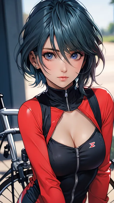 1 Female, Tamaki, short hair, hair between eyes, (detailed eyes:1.3), Rider Suit, cleavage, bike
