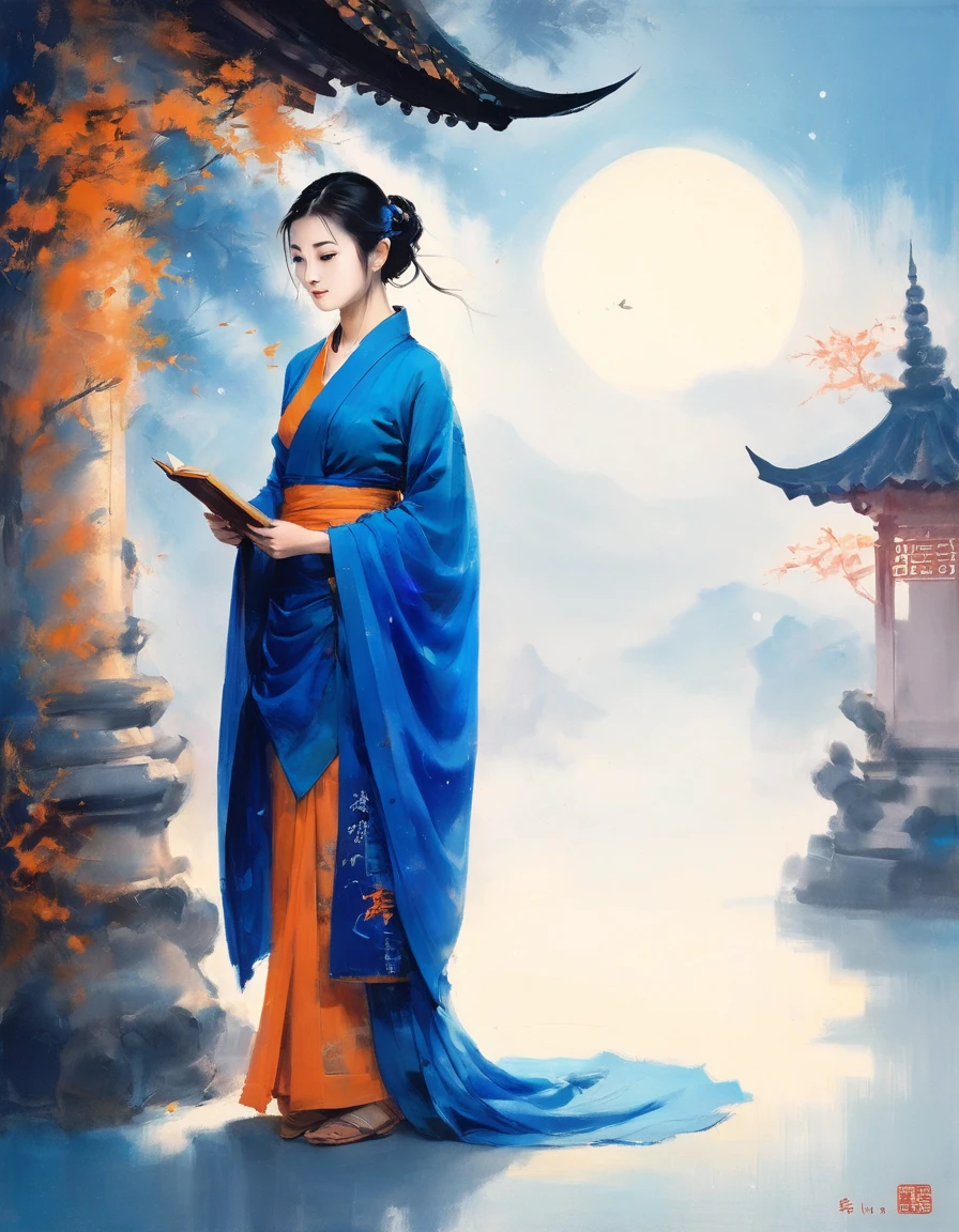 敦煌艺术风格插pintura,tonalidade azul,Uma pequena figura misteriosa em um vestido tradicional se destaca em um antigo pergaminho cheio de escrituras budistas,Isso é,luz das estrelas,deslumbrante,Luz e sombra,gradiente azul,Azul e Laranja,Cena super grandiosa,Movimento Suave,pinceladas extremamente delicadas,macio e suave,fundo limpo,pintura,Renderização 3D