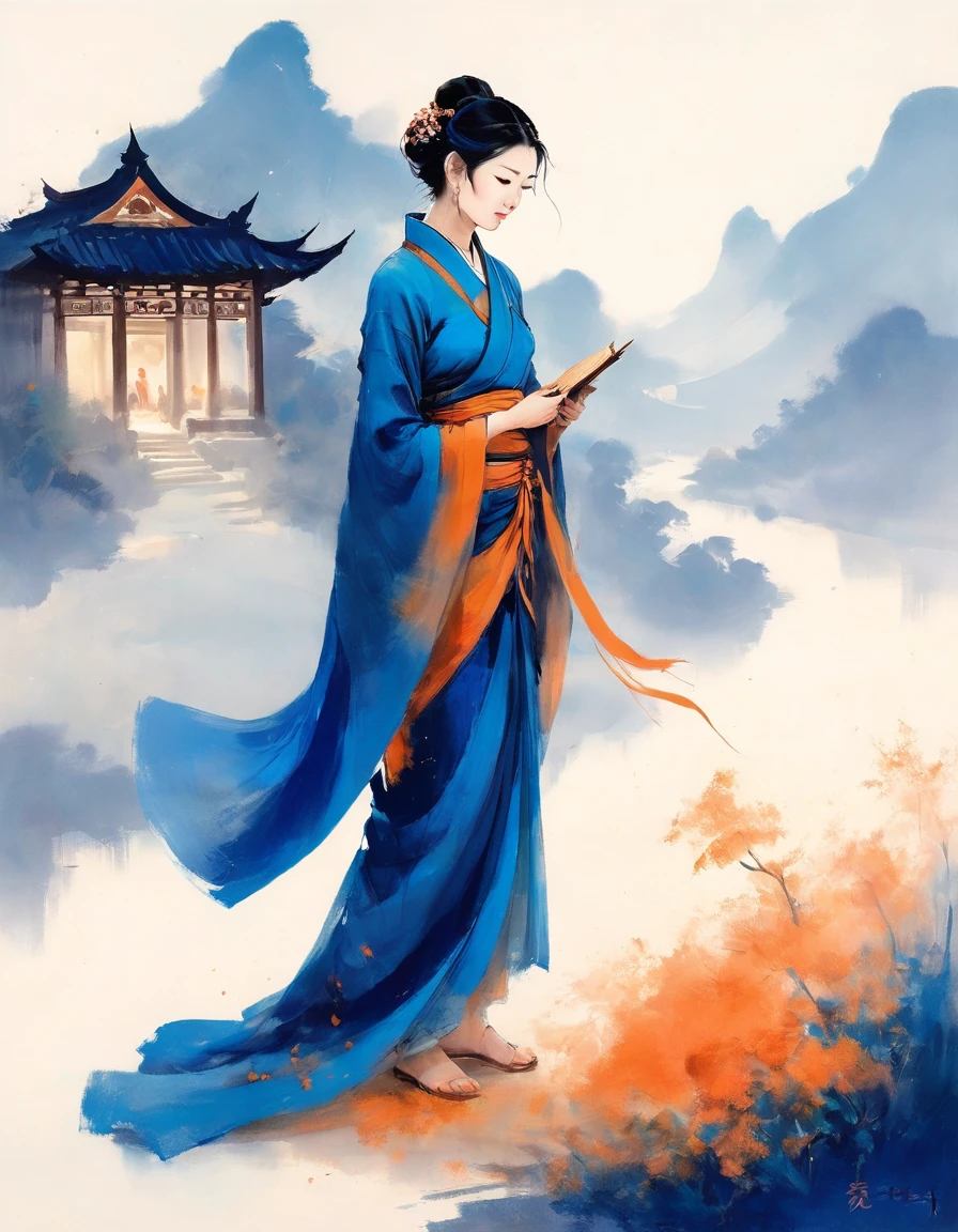 Dunhuang art style painting,blue tint,A mysterious little figure in a traditional dress stands on an ancient scroll filled with Buddhist scriptures,it is,Starlight,Dazzling,Light and Shadow,Gradient Blue,blue and orange,Super grand scene,Smooth movement,Extremely delicate brushstrokes,Soft and smooth,Clean background,painting,3d rendering