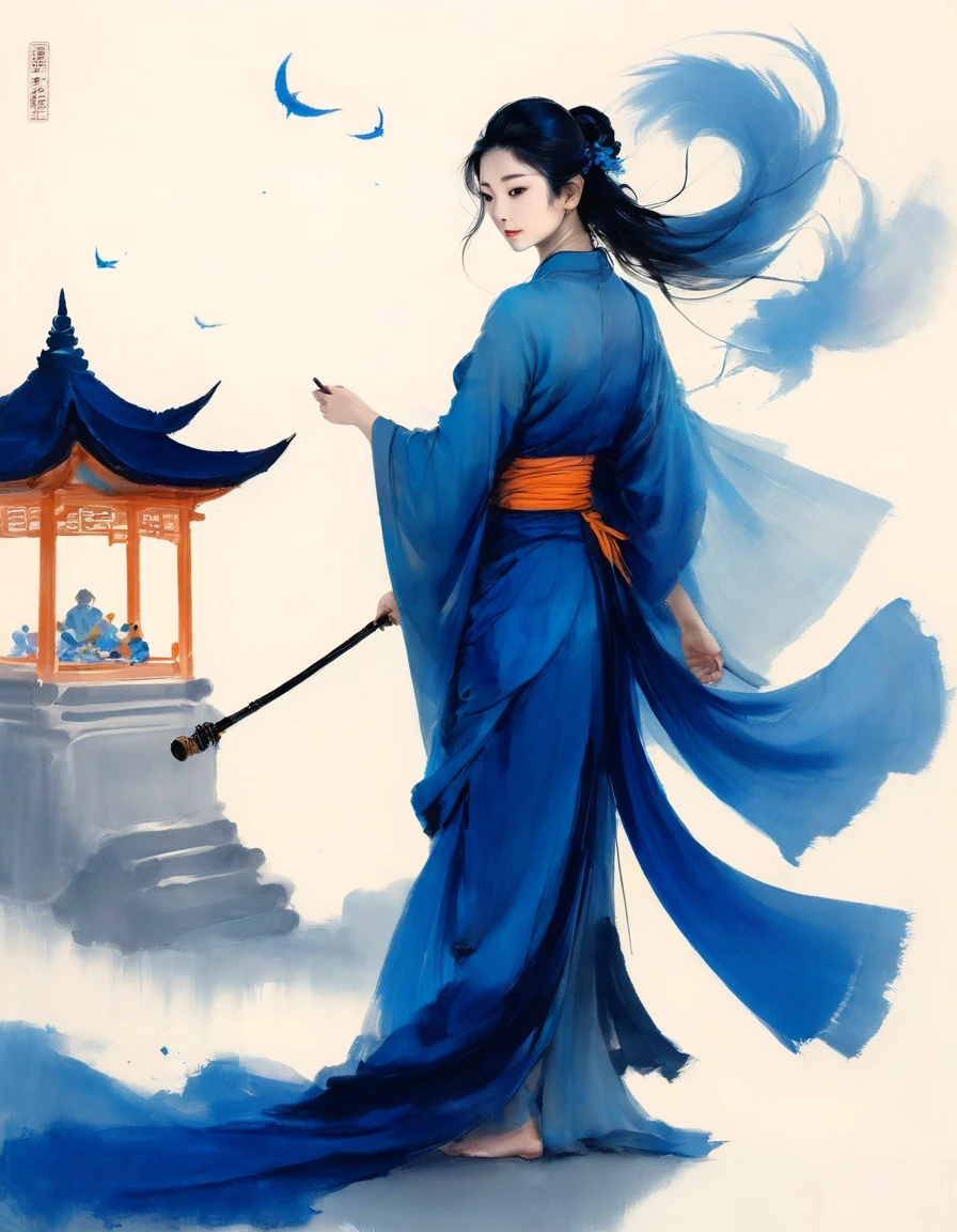 敦煌艺术风格插Peinture,teinte bleue,Une mystérieuse petite figure vêtue d&#39;une robe traditionnelle se tient sur un ancien rouleau rempli d&#39;écritures bouddhistes,C&#39;est,Lumière des étoiles,éblouissant,lumière et ombre,bleu dégradé,bleu et orange,Super scène grandiose,Mouvement fluide,coups de pinceau extrêmement délicats,Doux et lisse,fond propre,Peinture,Rendu 3D