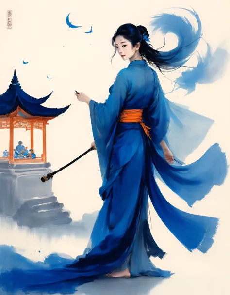 敦煌艺术风格插painting,Blue tint,A mysterious little figure in a traditional dress stands on an ancient scroll filled with Buddhist scr...