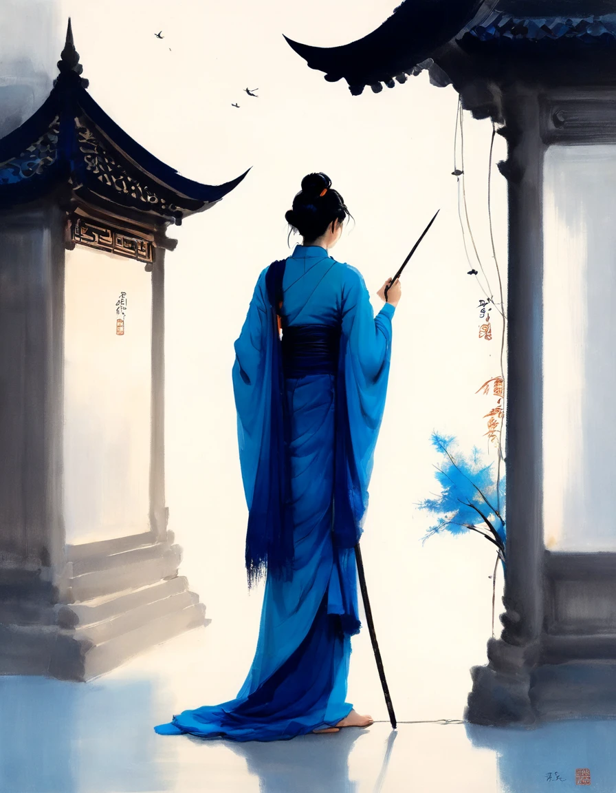 敦煌艺术风格插Peinture,teinte bleue,Une mystérieuse petite figure vêtue d&#39;une robe traditionnelle se tient sur un ancien rouleau rempli d&#39;écritures bouddhistes,C&#39;est,Lumière des étoiles,éblouissant,lumière et ombre,bleu dégradé,bleu et orange,Super scène grandiose,Mouvement fluide,coups de pinceau extrêmement délicats,Doux et lisse,fond propre,Peinture,Rendu 3D