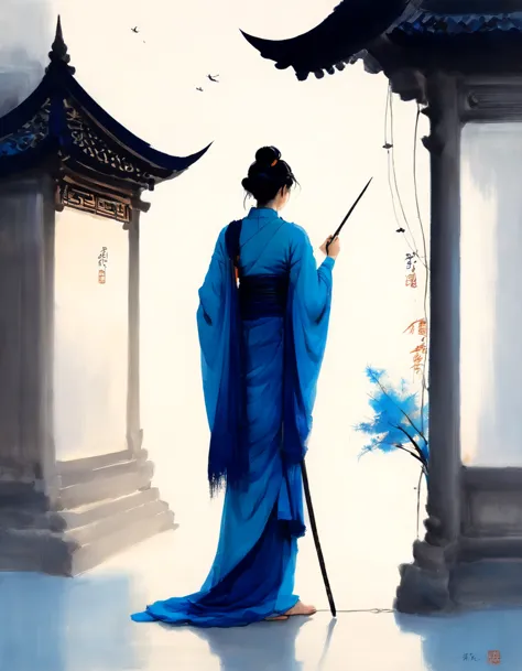 敦煌艺术风格插painting,Blue tint,A mysterious little figure in a traditional dress stands on an ancient scroll filled with Buddhist scr...