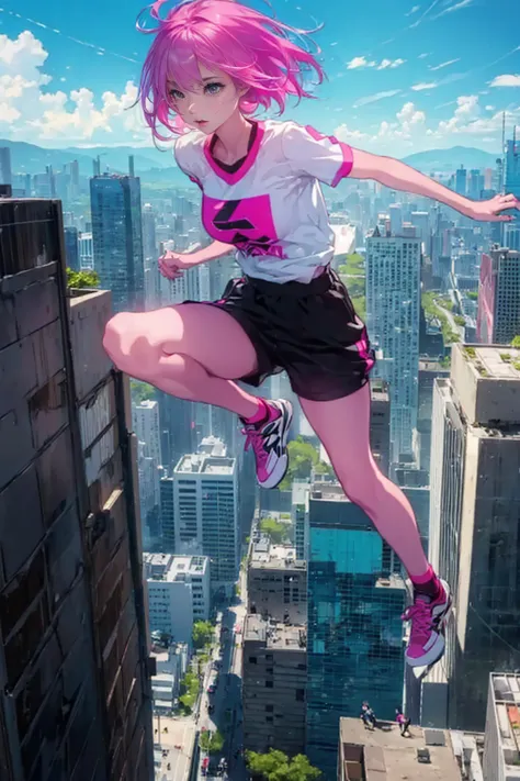 1girl,solo,cool,sporty,casual fashion,pink hair and short hair,black sneaker,big bust,jumping,building to building,sky,parkour,d...