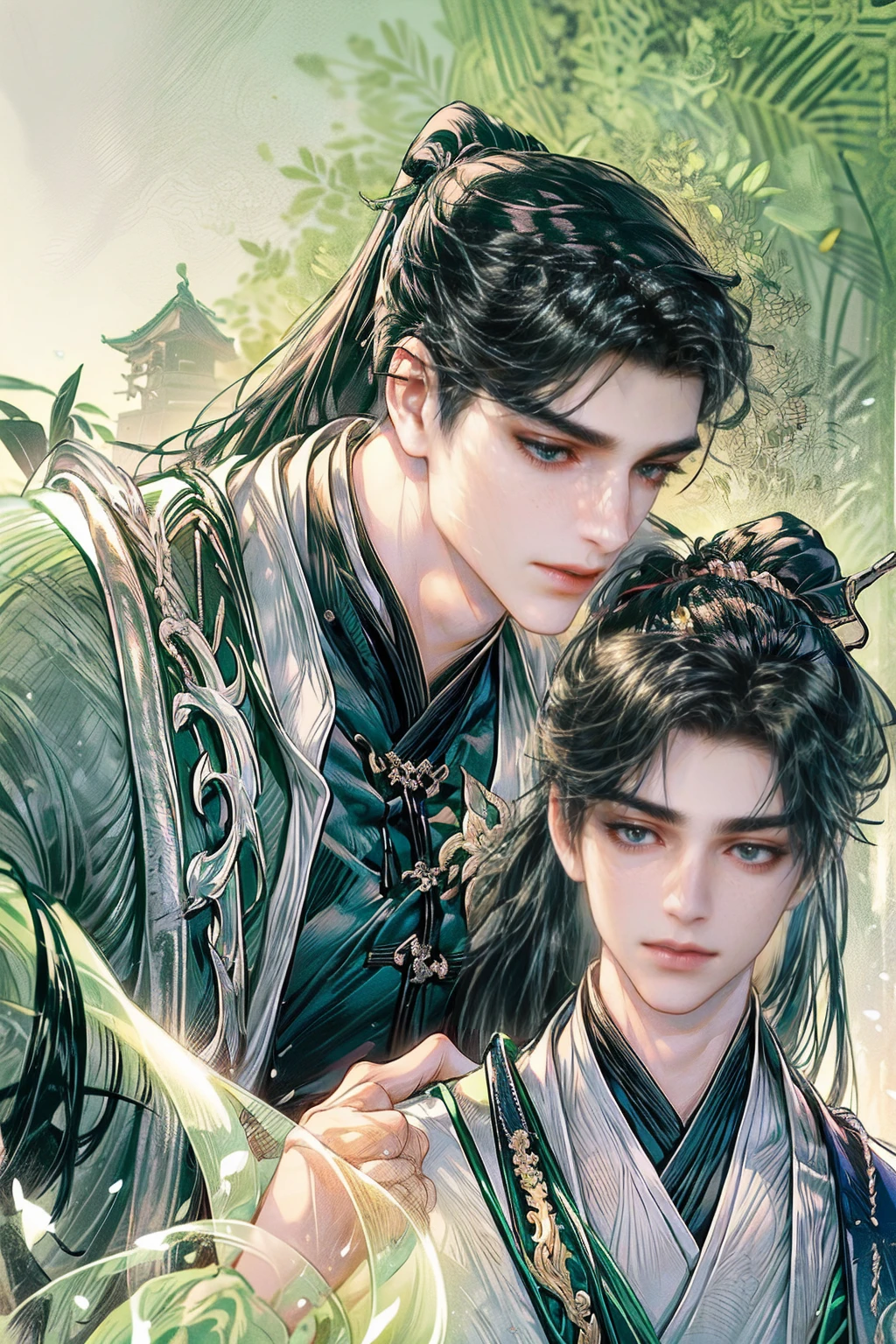 xianxia, (((best quality))),masterpiece,ultra high resolution,extraordinarily beautiful youth, a bright, villains smile,All green clothing,((boy 24 year old, green hanfu,green clothing, Chinese shirt style)) ,boy character ,((Thick black long hair)),beautiful face,detailed interior, detailed boy,((man)),(in bamboo forest), house China style, pure white lotus,beautiful and cute boy ,black eyes,((solo man)),(he has a Big eyes, charming lips, slim nose and small face),(boy slim figures ),ponytail and 冠, Hiogi fan,Japanese fan ,very long hair, thick hair, black hair ,eyes detailed,pony tails,boy,man