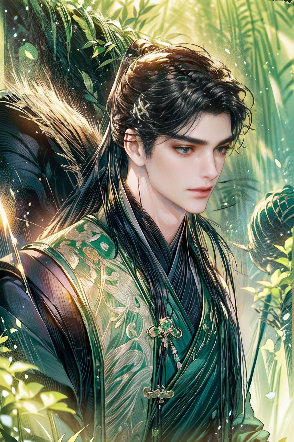 xianxia, (((best quality))),masterpiece,ultra high resolution,extraordinarily beautiful youth, a bright, villains smile,All green clothing,((boy 24 year old, green hanfu,green clothing, Chinese shirt style)) ,boy character ,((Thick black long hair)),beautiful face,detailed interior, detailed boy,((man)),(in bamboo forest), house China style, pure white lotus,beautiful and cute boy ,black eyes,((solo man)),(he has a Big eyes, charming lips, slim nose and small face),(boy slim figures ),ponytail and 冠, Hiogi fan,Japanese fan ,very long hair, thick hair, black hair ,eyes detailed,pony tails,boy,man