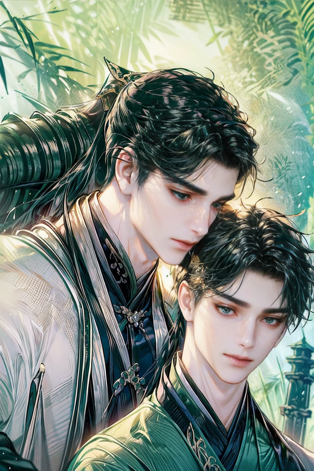 xianxia, (((best quality))),masterpiece,ultra high resolution,extraordinarily beautiful youth, a bright, villains smile,All green clothing,((boy 24 year old, green hanfu,green clothing, Chinese shirt style)) ,boy character ,((Thick black long hair)),beautiful face,detailed interior, detailed boy,((man)),(in bamboo forest), house China style, pure white lotus,beautiful and cute boy ,black eyes,((solo man)),(he has a Big eyes, charming lips, slim nose and small face),(boy slim figures ),ponytail and 冠, Hiogi fan,Japanese fan ,very long hair, thick hair, black hair ,eyes detailed,pony tails,boy,man